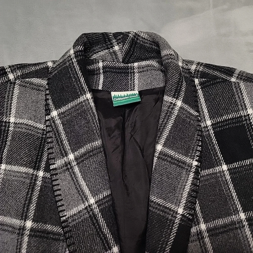 VTG Coldwater Creek Jacket Women Medium Petite Black Plaid Blazer Wool Blend USA
